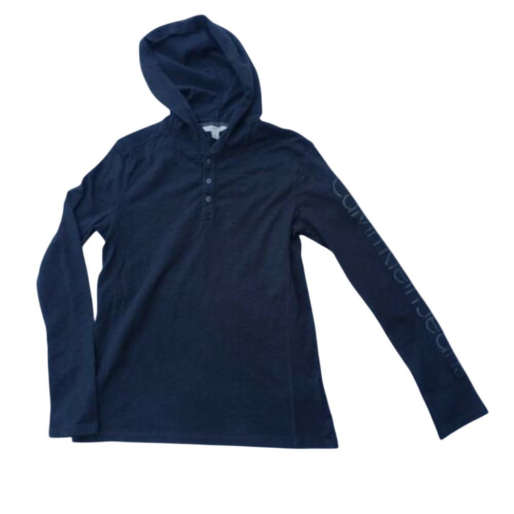Calvin Klein Jeans Mens Small Black 100% Cotton Long Sleeve Hooded Henley Shirt